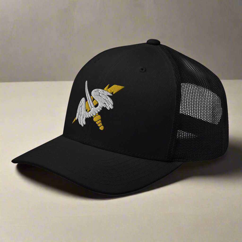 158th aviation regiment insignia on a snapback trucker hat.