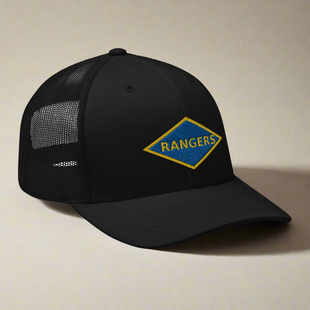 World War 2 blue ranger diamond embroidered on a snapback trucker hat.