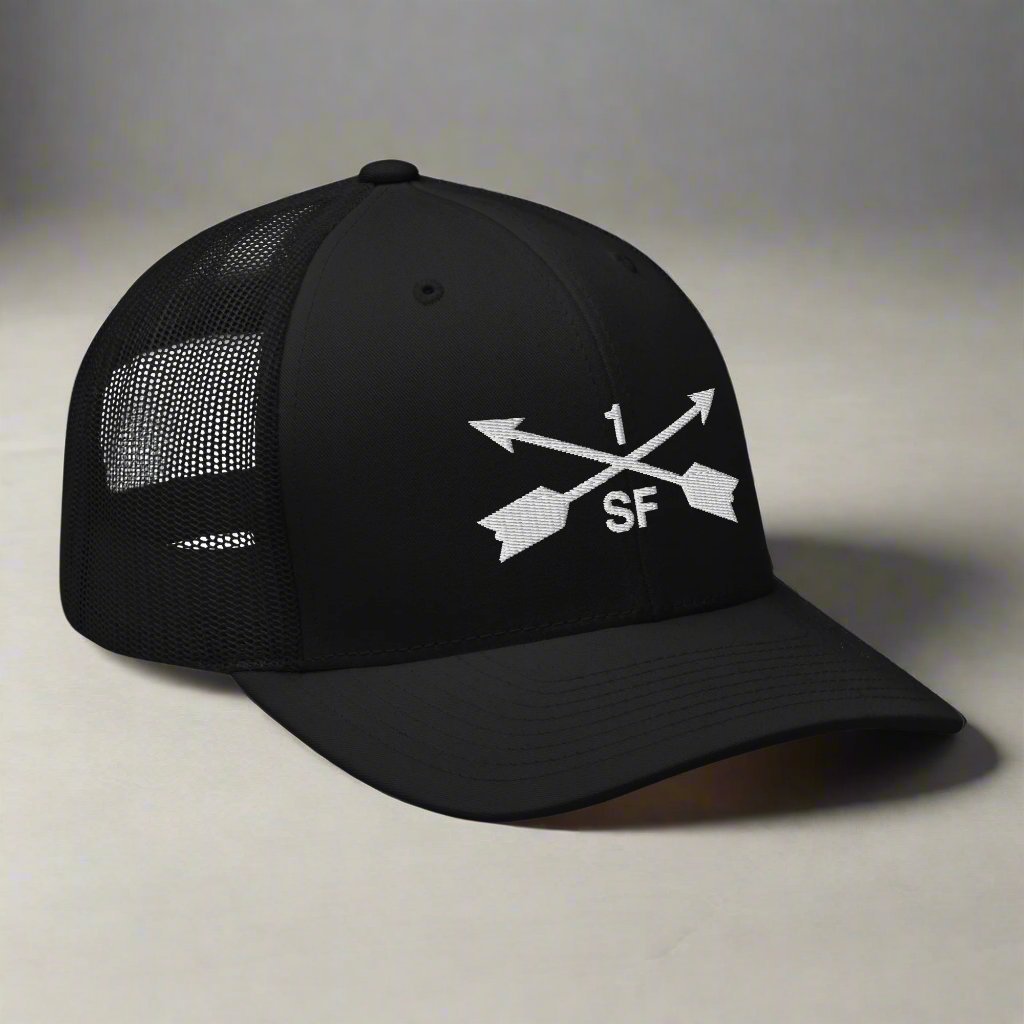 1st special forces group embroidered trucker hat with two crossed arrows and the 1 above and SF below.