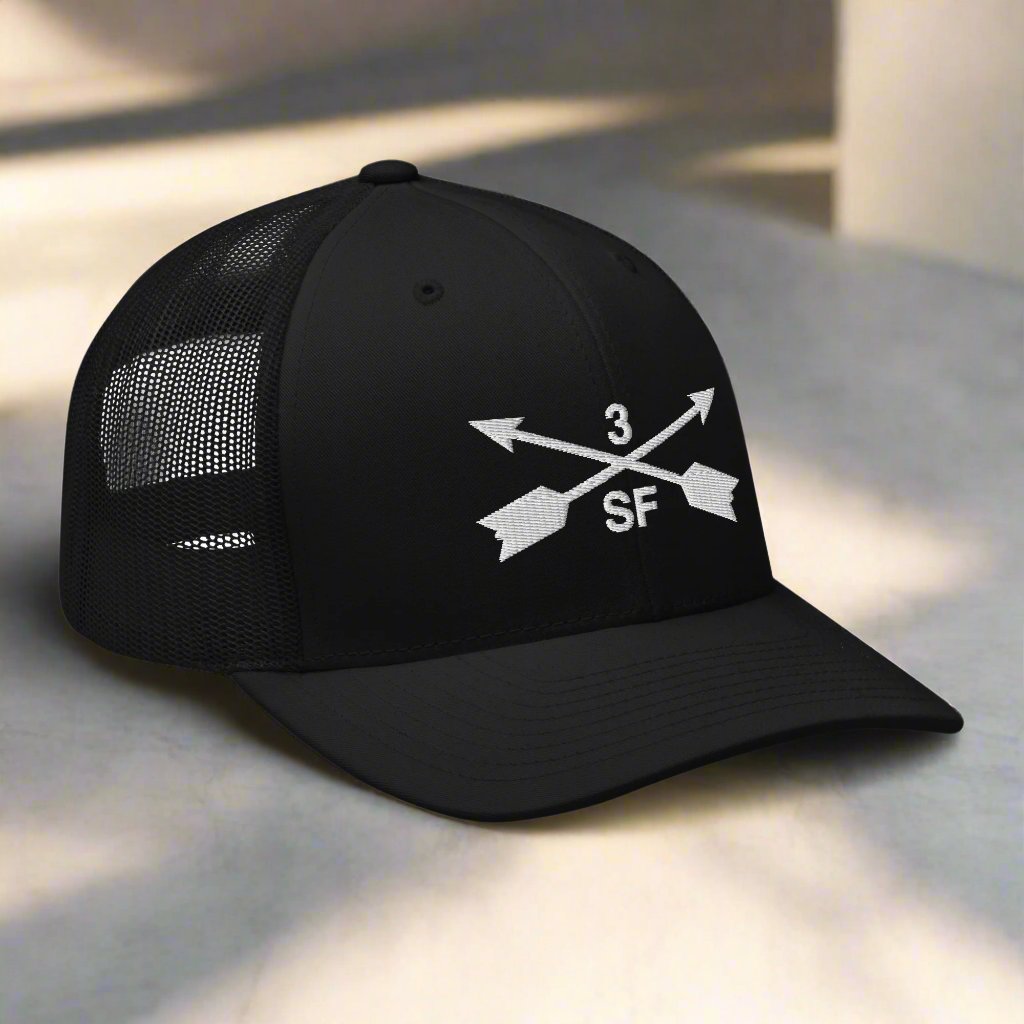 3rd special forces group embroidered trucker hat. Embroidery design of two crossed arrows with a 3 above and SF below.