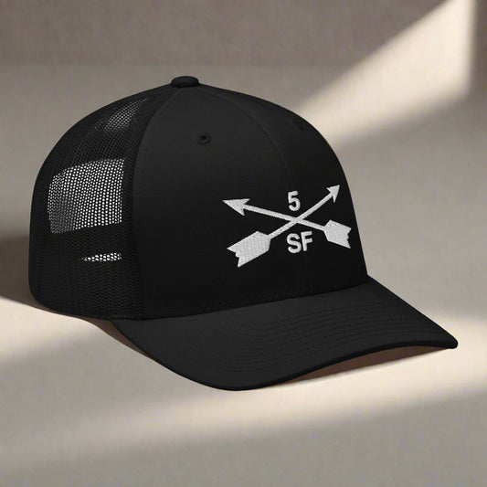 5th special forces group embroidered trucker hat. Embroidery design of two crossed arrows with a 5 above and SF below.