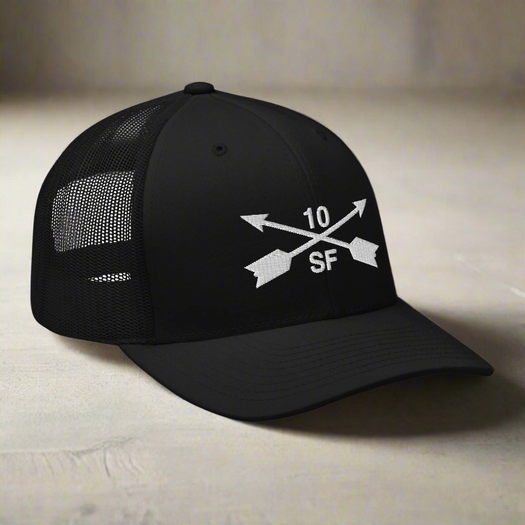 10th special forces group embroidered trucker hat. Embroidery design of two crossed arrows with a 10 above and SF below.