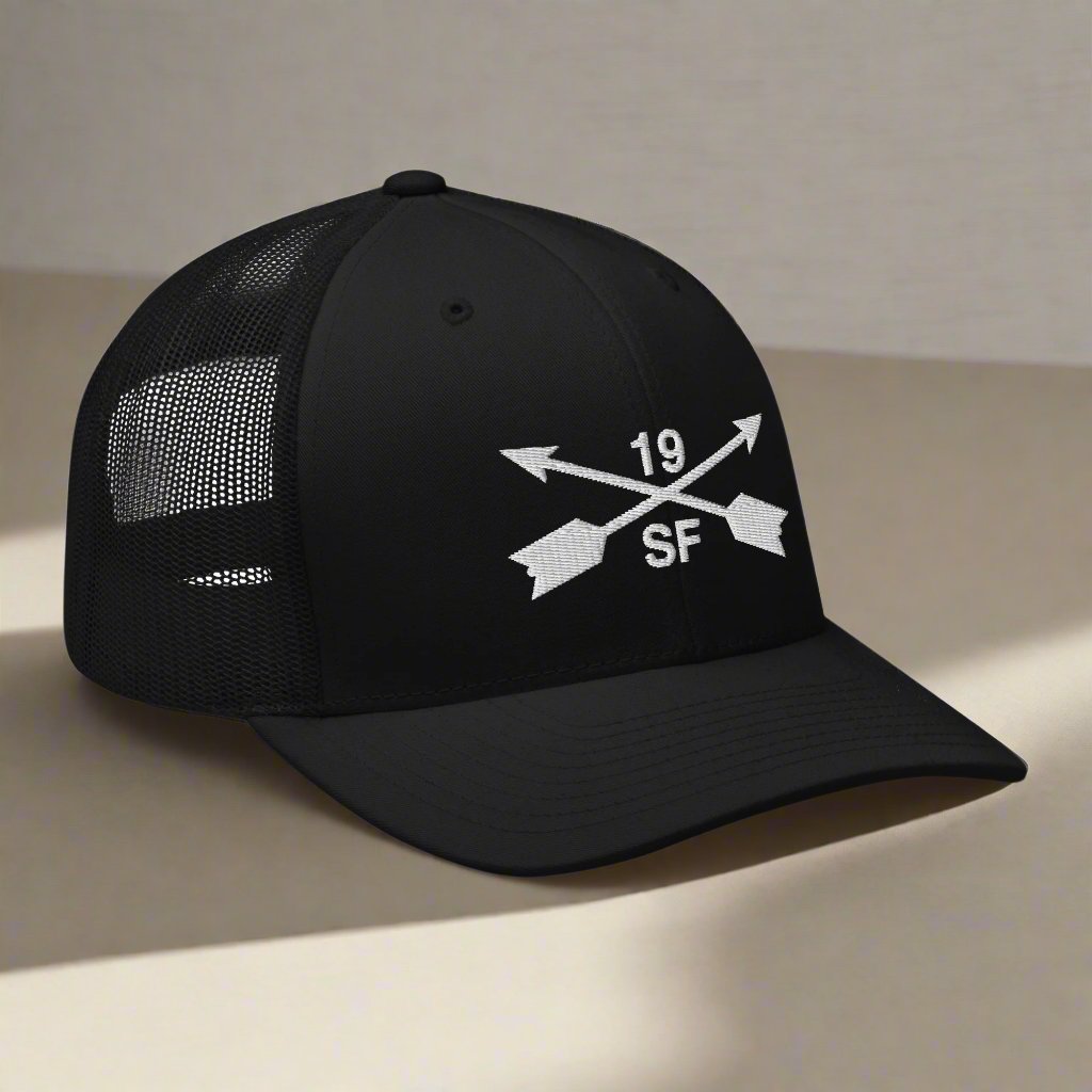 19th special forces group embroidered trucker hat. Embroidery design of two crossed arrows with a 19 above and SF below.