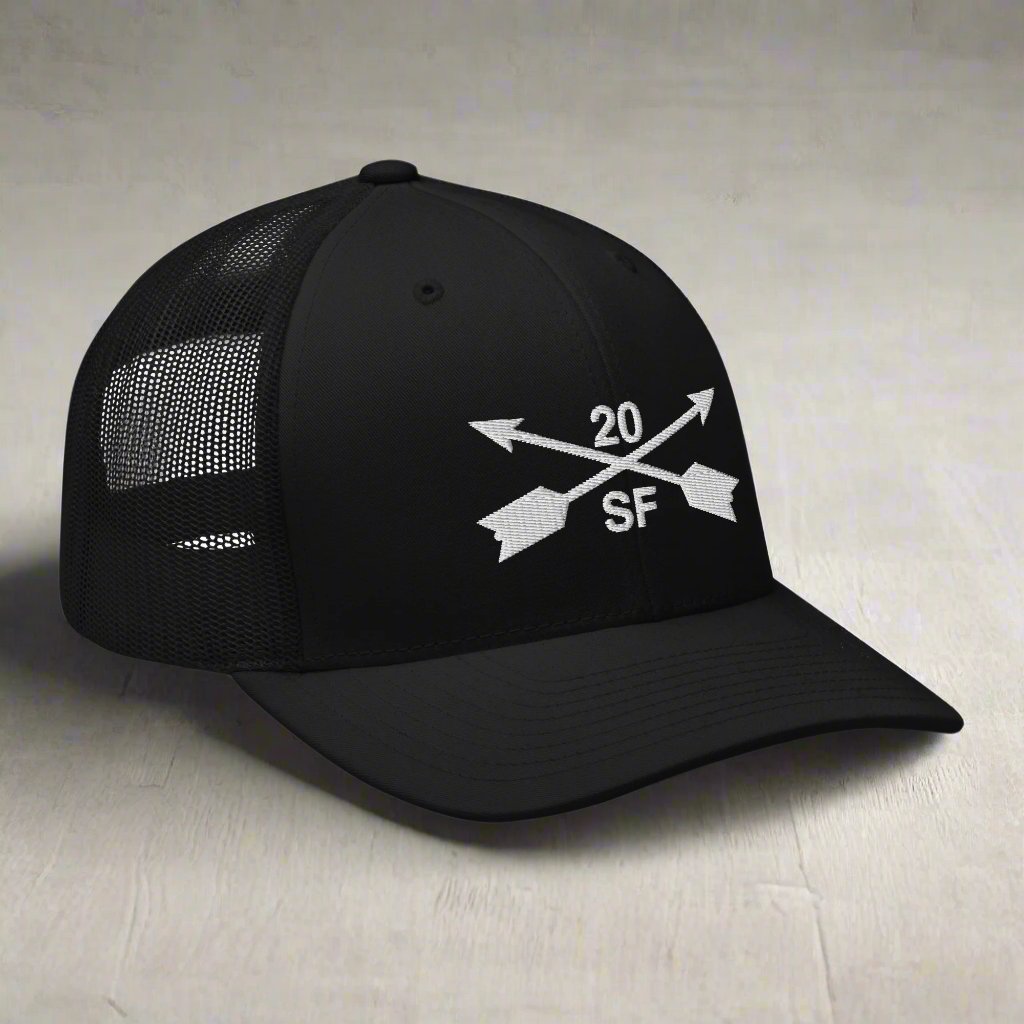 20th special forces group embroidered trucker hat. Embroidery design of two crossed arrows with a 20 above and SF below.