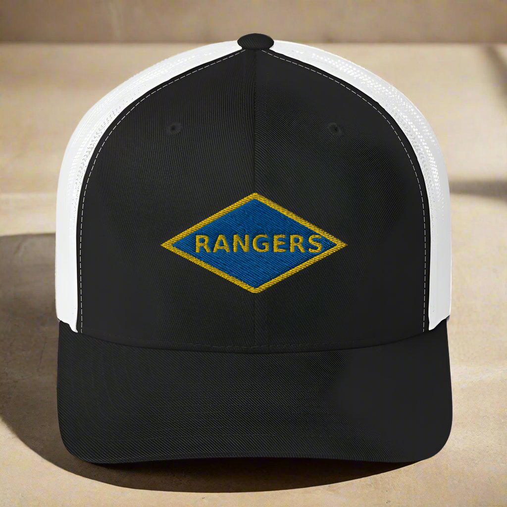 World War 2 blue ranger diamond embroidered on a snapback trucker hat.