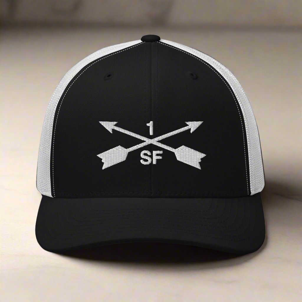 1st special forces group embroidered trucker hat with two crossed arrows and the 1 above and SF below.