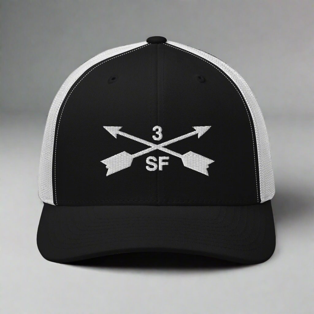 3rd special forces group embroidered trucker hat. Embroidery design of two crossed arrows with a 3 above and SF below.