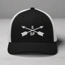 5th special forces group embroidered trucker hat. Embroidery design of two crossed arrows with a 5 above and SF below.