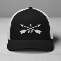 5th special forces group embroidered trucker hat. Embroidery design of two crossed arrows with a 5 above and SF below.