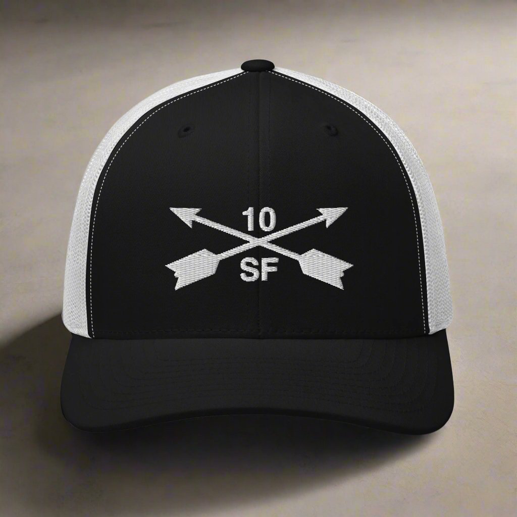 10th special forces group embroidered trucker hat. Embroidery design of two crossed arrows with a 10 above and SF below.