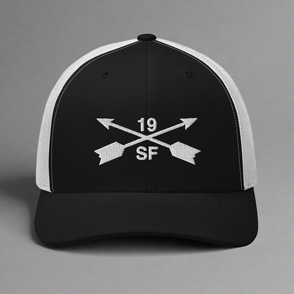 19th special forces group embroidered trucker hat. Embroidery design of two crossed arrows with a 19 above and SF below.