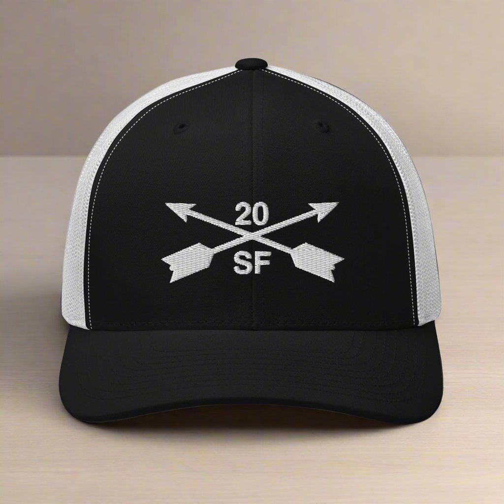 20th special forces group embroidered trucker hat. Embroidery design of two crossed arrows with a 20 above and SF below.