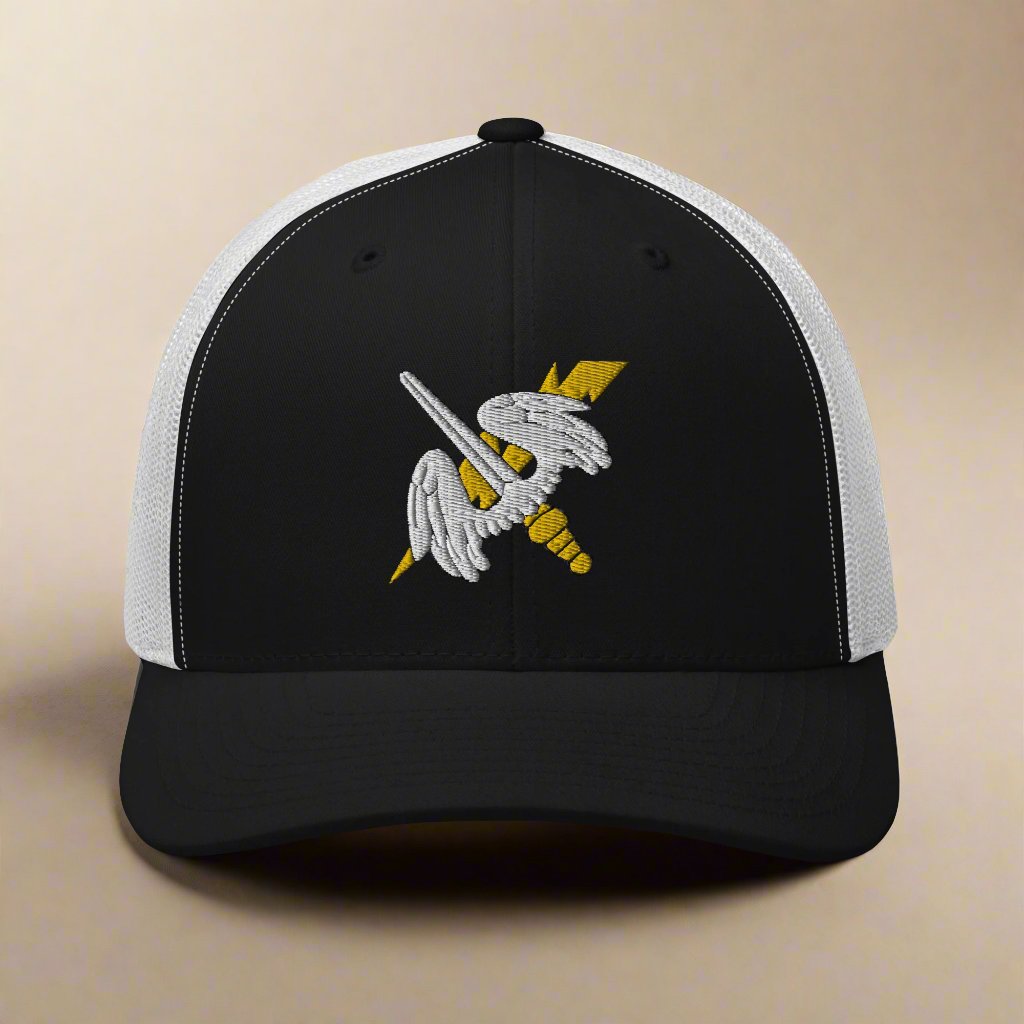 158th aviation regiment insignia on a snapback trucker hat.