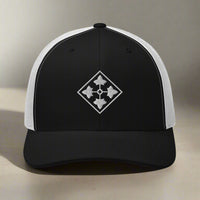 4th infantry division insignia embroidered on a snapback trucker hat