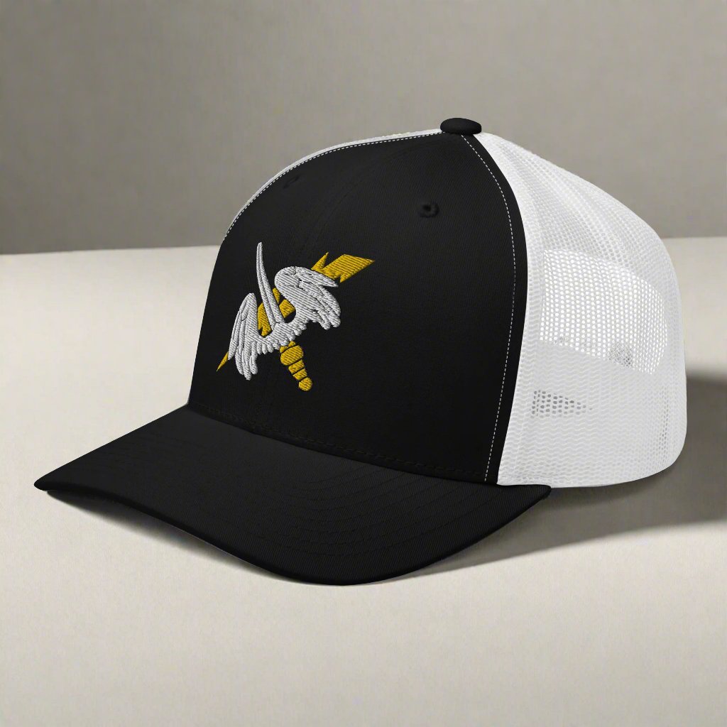 158th aviation regiment insignia on a snapback trucker hat.