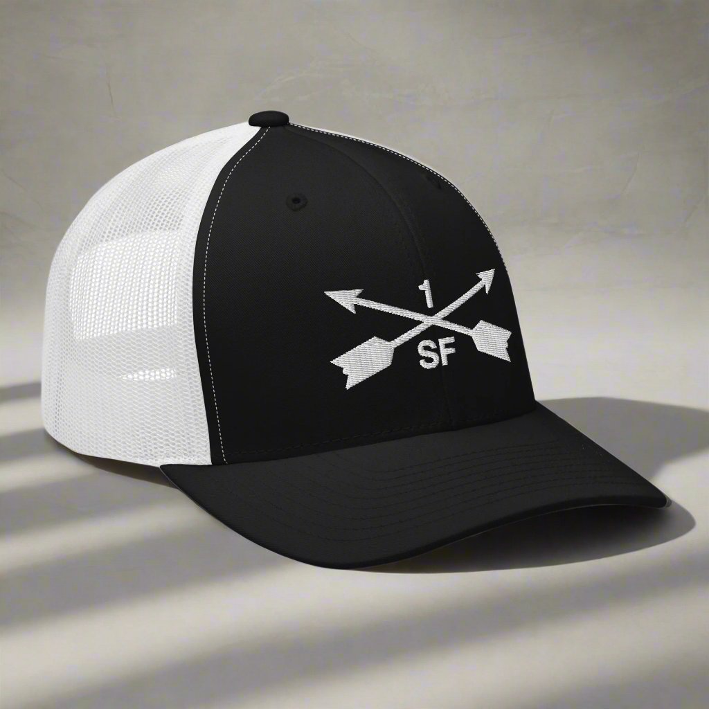 1st special forces group embroidered trucker hat with two crossed arrows and the 1 above and SF below.