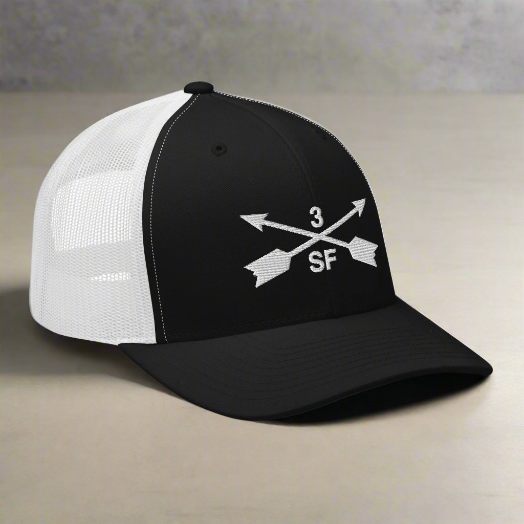 3rd special forces group embroidered trucker hat. Embroidery design of two crossed arrows with a 3 above and SF below.