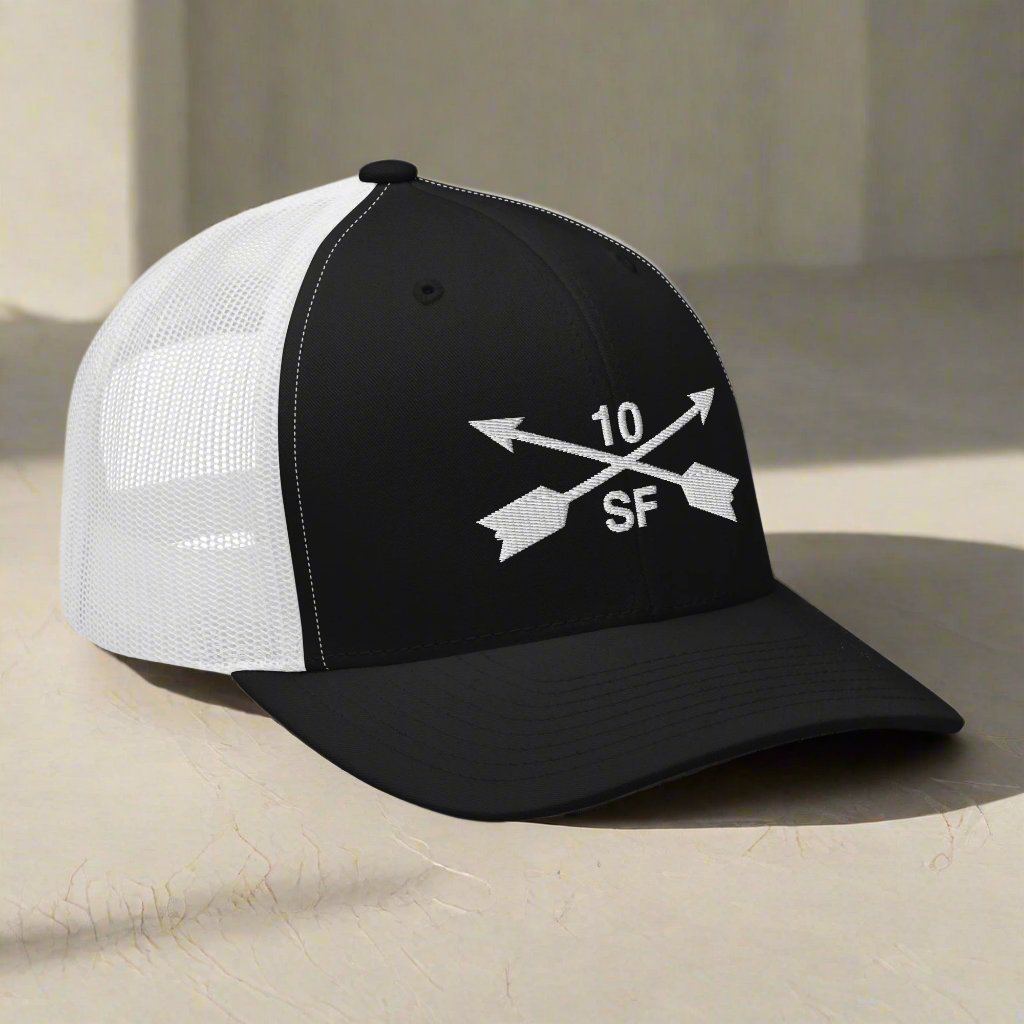 10th special forces group embroidered trucker hat. Embroidery design of two crossed arrows with a 10 above and SF below.