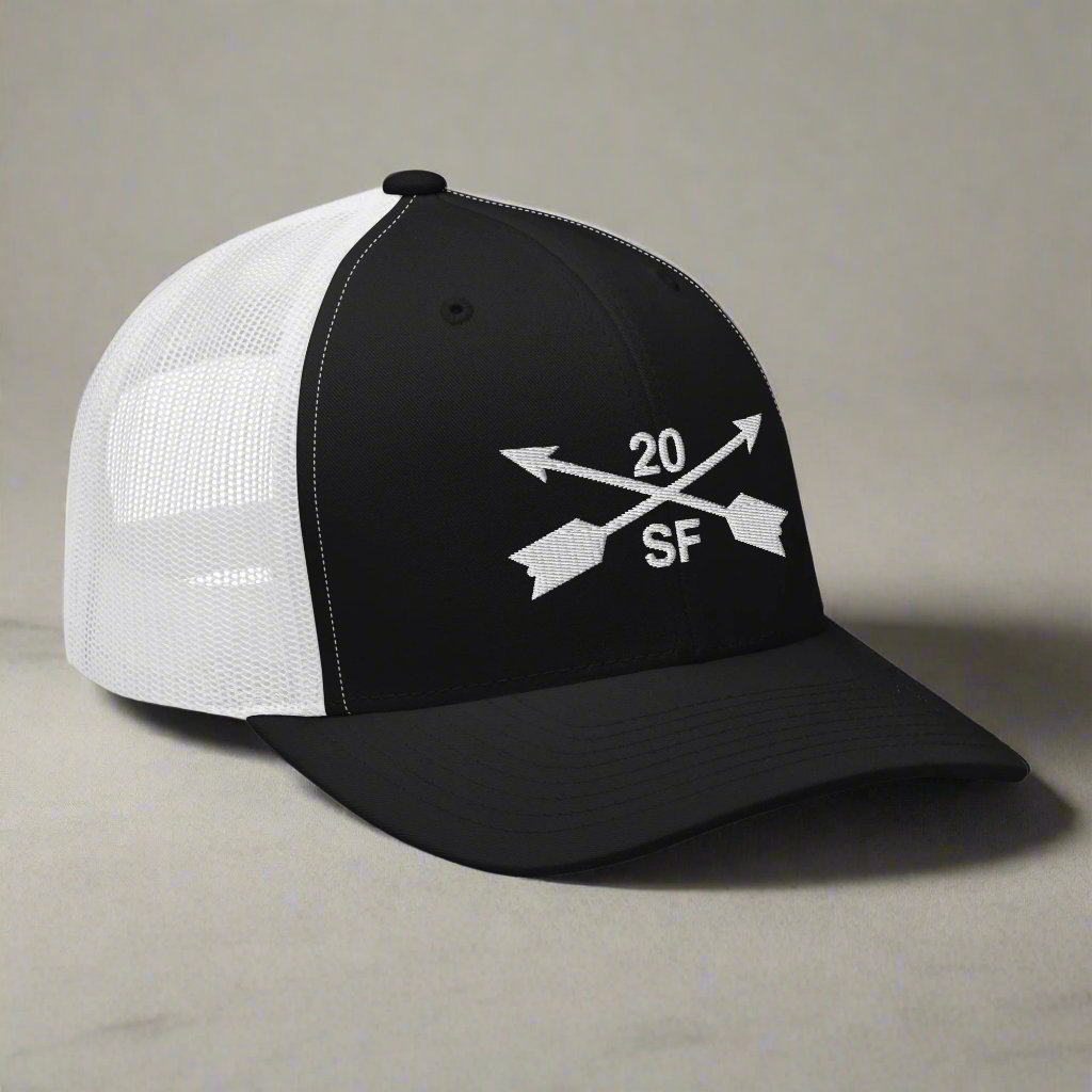 20th special forces group embroidered trucker hat. Embroidery design of two crossed arrows with a 20 above and SF below.