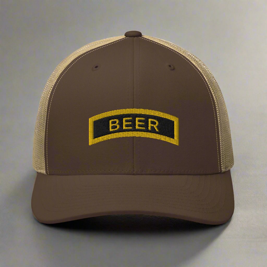 Beer tab modeled after ranger school tab, embroidered on a trucker hat.