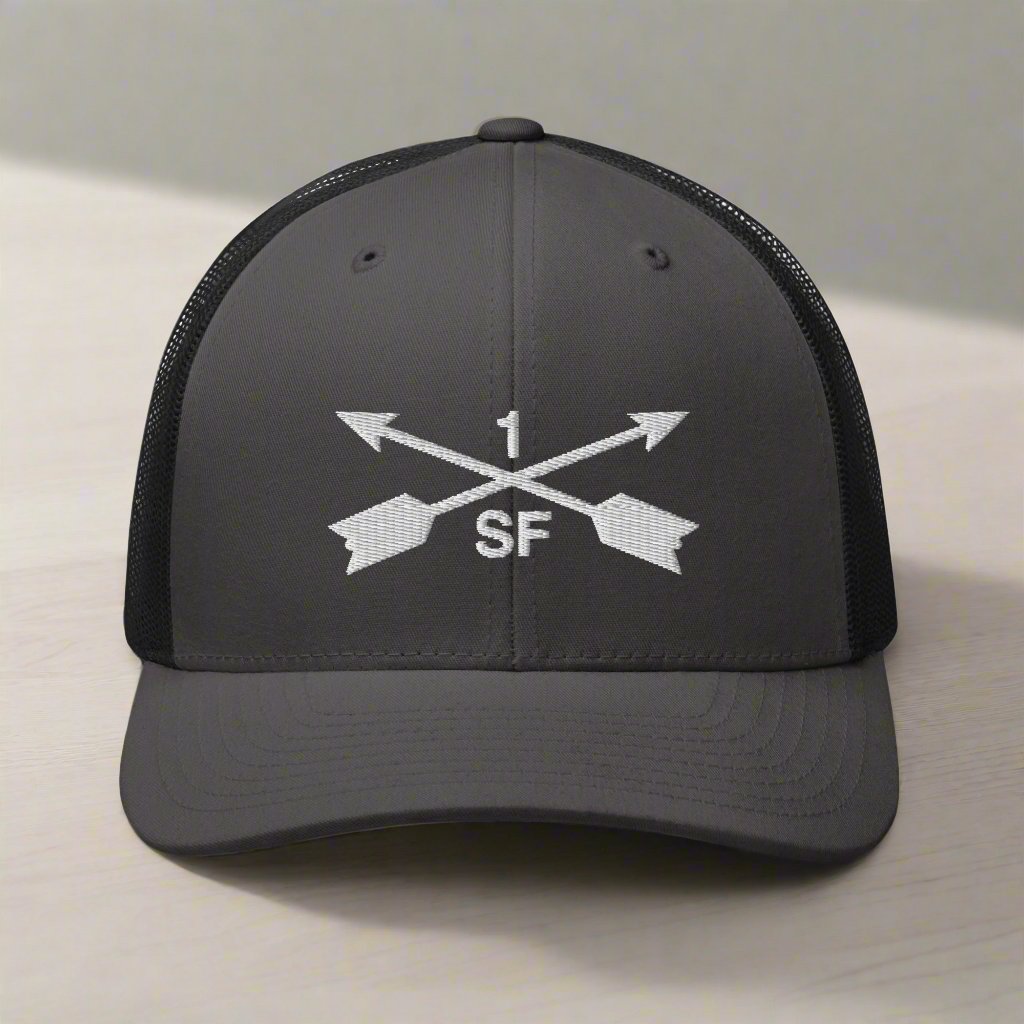 1st special forces group embroidered trucker hat with two crossed arrows and the 1 above and SF below.