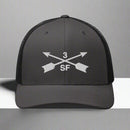 3rd special forces group embroidered trucker hat. Embroidery design of two crossed arrows with a 3 above and SF below.