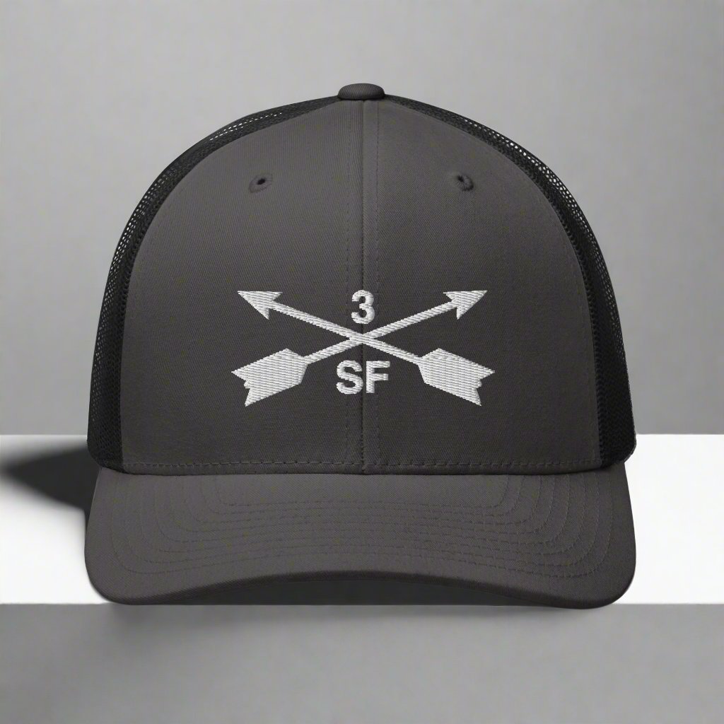 3rd special forces group embroidered trucker hat. Embroidery design of two crossed arrows with a 3 above and SF below.