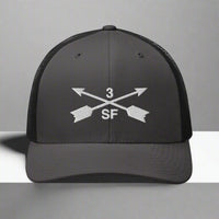 3rd special forces group embroidered trucker hat. Embroidery design of two crossed arrows with a 3 above and SF below.