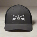 5th special forces group embroidered trucker hat. Embroidery design of two crossed arrows with a 5 above and SF below.
