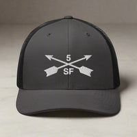 5th special forces group embroidered trucker hat. Embroidery design of two crossed arrows with a 5 above and SF below.