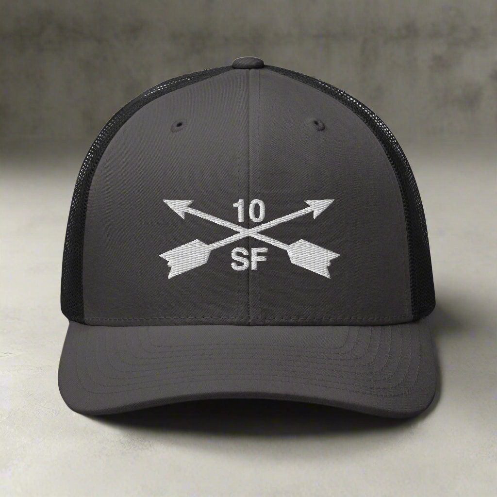 10th special forces group embroidered trucker hat. Embroidery design of two crossed arrows with a 10 above and SF below.