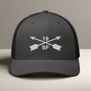 19th special forces group embroidered trucker hat. Embroidery design of two crossed arrows with a 19 above and SF below.
