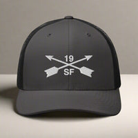 19th special forces group embroidered trucker hat. Embroidery design of two crossed arrows with a 19 above and SF below.