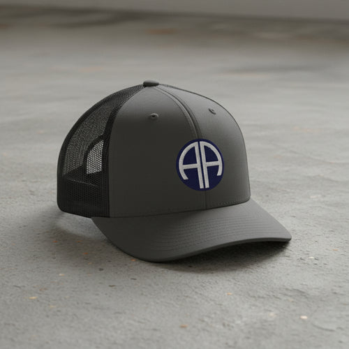 82nd airborne insignia embroidered on a snapback trucker hat