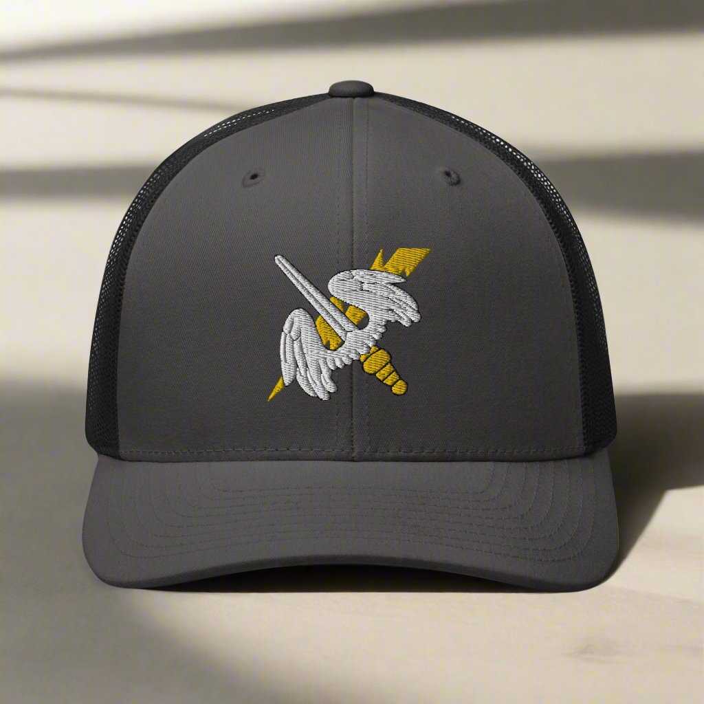 158th aviation regiment insignia on a snapback trucker hat.