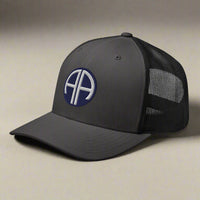 82nd airborne insignia embroidered on a snapback trucker hat