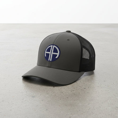 82nd airborne insignia embroidered on a snapback trucker hat