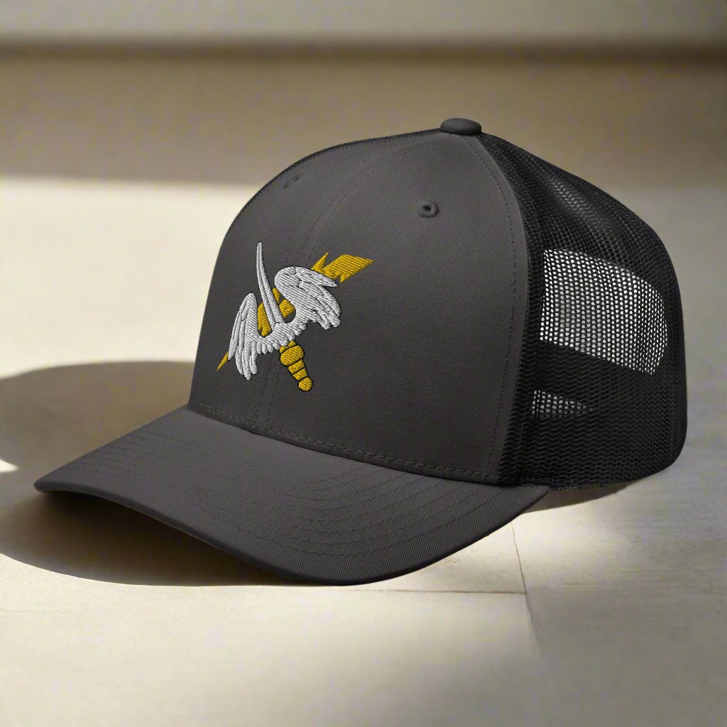 158th aviation regiment insignia on a snapback trucker hat.