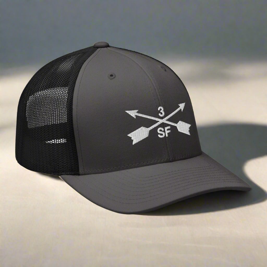 3rd special forces group embroidered trucker hat. Embroidery design of two crossed arrows with a 3 above and SF below.