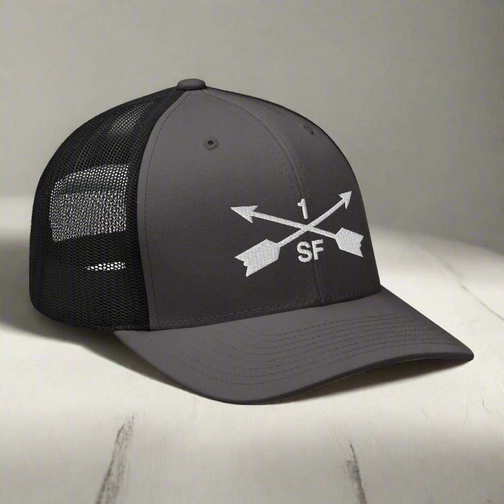 1st special forces group embroidered trucker hat with two crossed arrows and the 1 above and SF below.