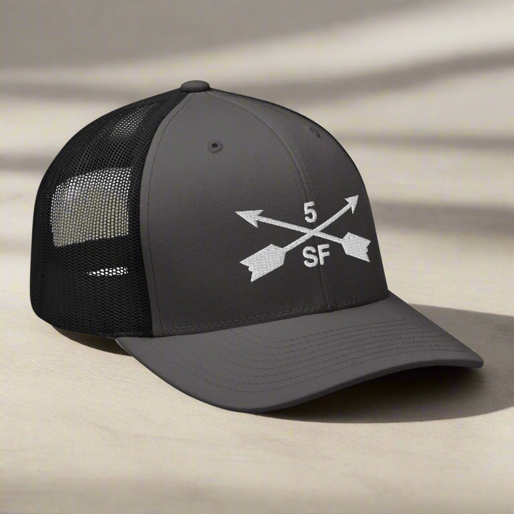 5th special forces group embroidered trucker hat. Embroidery design of two crossed arrows with a 5 above and SF below.