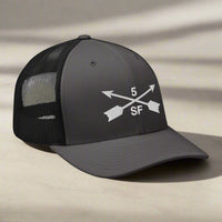 5th special forces group embroidered trucker hat. Embroidery design of two crossed arrows with a 5 above and SF below.