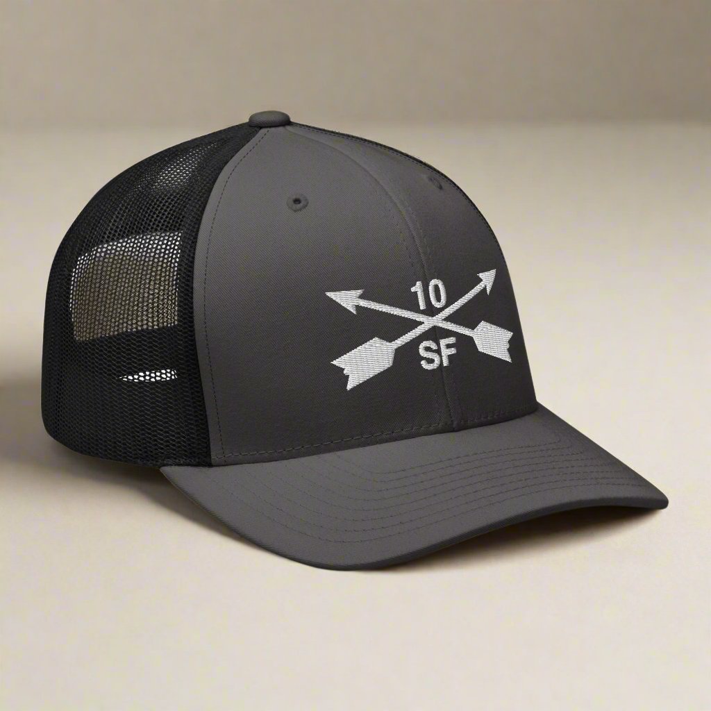 10th special forces group embroidered trucker hat. Embroidery design of two crossed arrows with a 10 above and SF below.