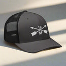 19th special forces group embroidered trucker hat. Embroidery design of two crossed arrows with a 19 above and SF below.