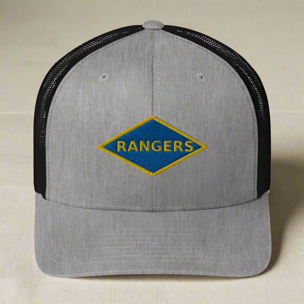 World War 2 blue ranger diamond embroidered on a snapback trucker hat.