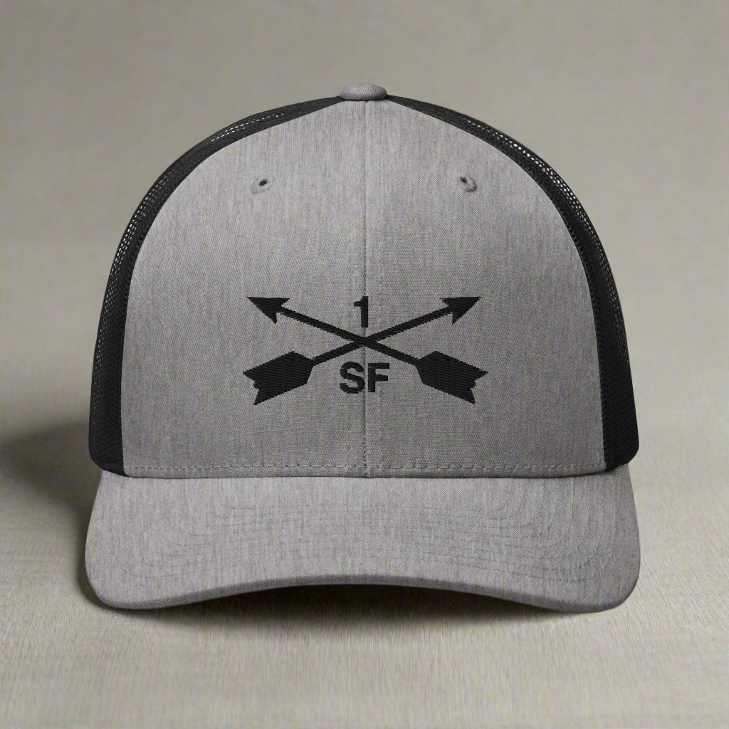 1st special forces group embroidered trucker hat with two crossed arrows and the 1 above and SF below.