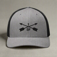 1st special forces group embroidered trucker hat with two crossed arrows and the 1 above and SF below.