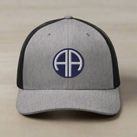 82nd airborne insignia embroidered on a snapback trucker hat