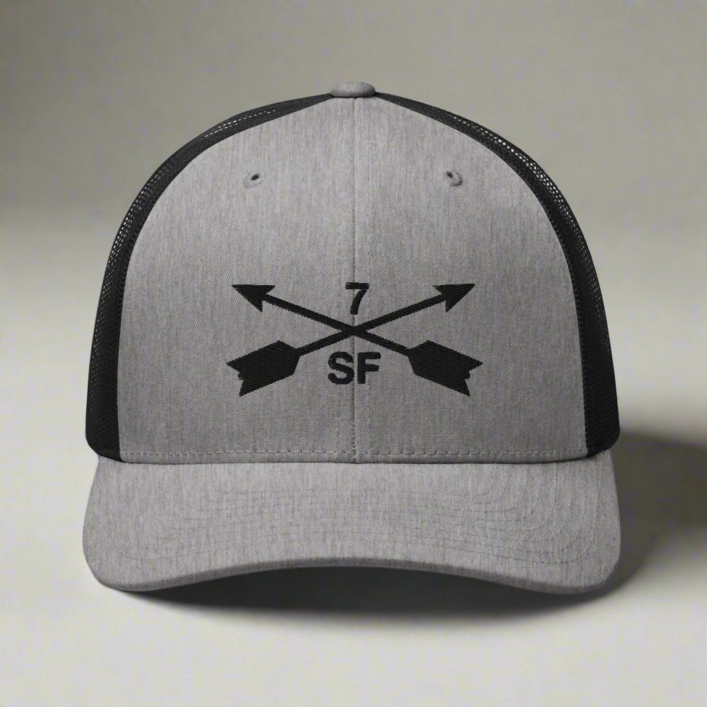 7th special forces group embroidered trucker hat. Embroidery design of two crossed arrows with a 7 above and SF below.