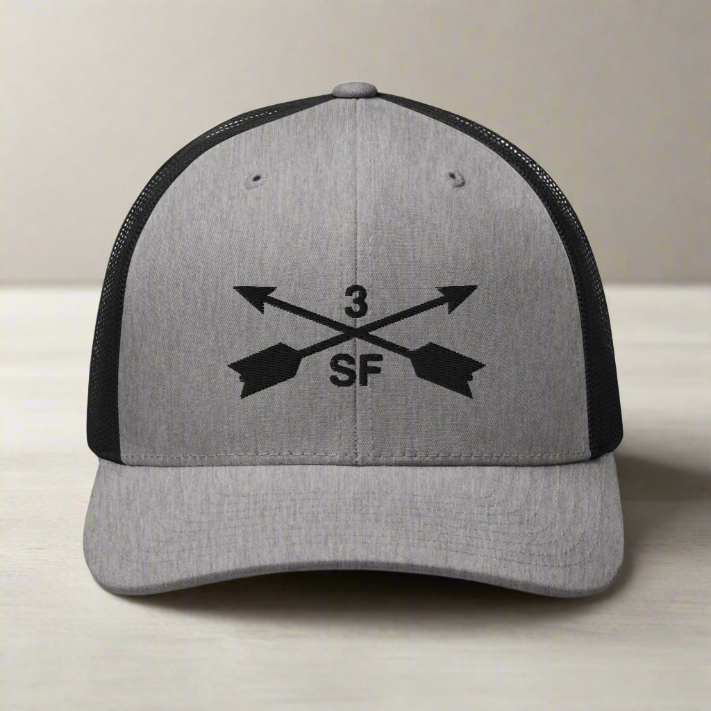 3rd special forces group embroidered trucker hat. Embroidery design of two crossed arrows with a 3 above and SF below.